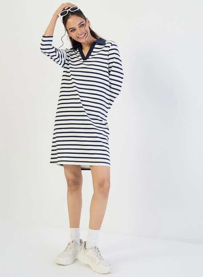 Femmella  Navy Striped Polo Knit Knee Length Dress for Women | Best Price UAE