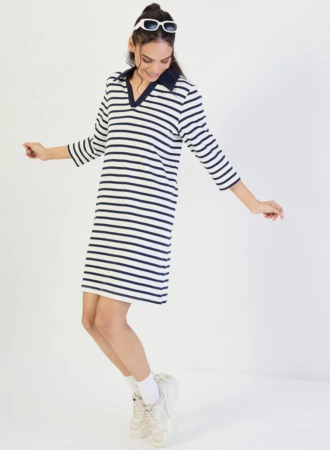 Femmella  Navy Striped Polo Knit Knee Length Dress for Women | Best Price UAE