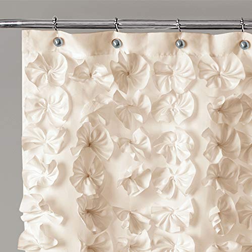 Lush Decor Lucia Shower Curtain - Fabric, Ruched, Floral, Textured Vintage Chic, Farmhouse Style Design, 72” x 72”, Ivory - Image 2