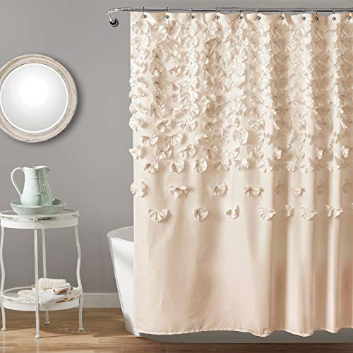 Lush Decor Lucia Shower Curtain - Fabric, Ruched, Floral, Textured Vintage Chic, Farmhouse Style Design, 72” x 72”, Ivory - Image 1