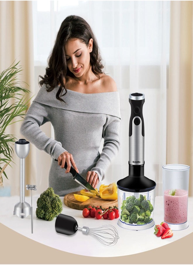 KINGMAZI - 5 in 1 Electric Hand Blender 1200W with 800ml Chopper, 600ml Cup, Whisk, Milk Frother, 6 Speed Options, Silver/Black - Image 1