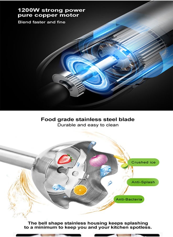 KINGMAZI - 5 in 1 Electric Hand Blender 1200W with 800ml Chopper, 600ml Cup, Whisk, Milk Frother, 6 Speed Options, Silver/Black - Image 1