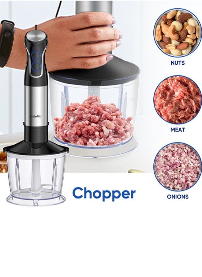 KINGMAZI - 5 in 1 Electric Hand Blender 1200W with 800ml Chopper, 600ml Cup, Whisk, Milk Frother, 6 Speed Options, Silver/Black - Image 1