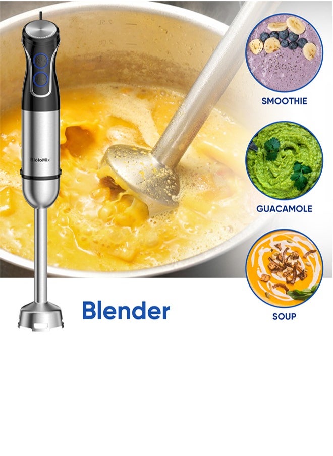 KINGMAZI - 5 in 1 Electric Hand Blender 1200W with 800ml Chopper, 600ml Cup, Whisk, Milk Frother, 6 Speed Options, Silver/Black - Image 1