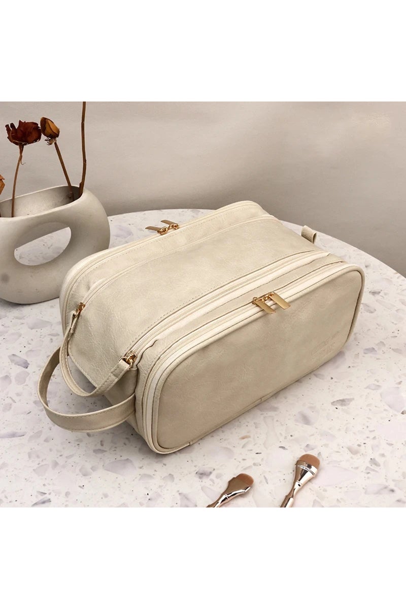 إيروريكس حقيبة مكياج بيج متعددة الوظائف للنساء، مصنوعة من جلد البولي يوريثان، سعة كبيرة، محمولة، بسحاب مزدوج، مناسبة للسفر.