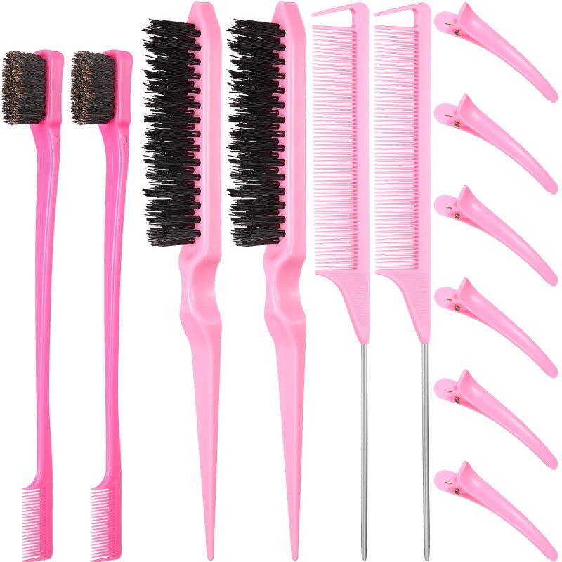 Remerry 12 Pieces Hair Brush Set Nylon Teasing Hair Brushes 3 Row Salon Teasing Brush Double Sided Edge Smooth Comb Grooming Rat Tail Combs with Duckbill Clips for WomenPink