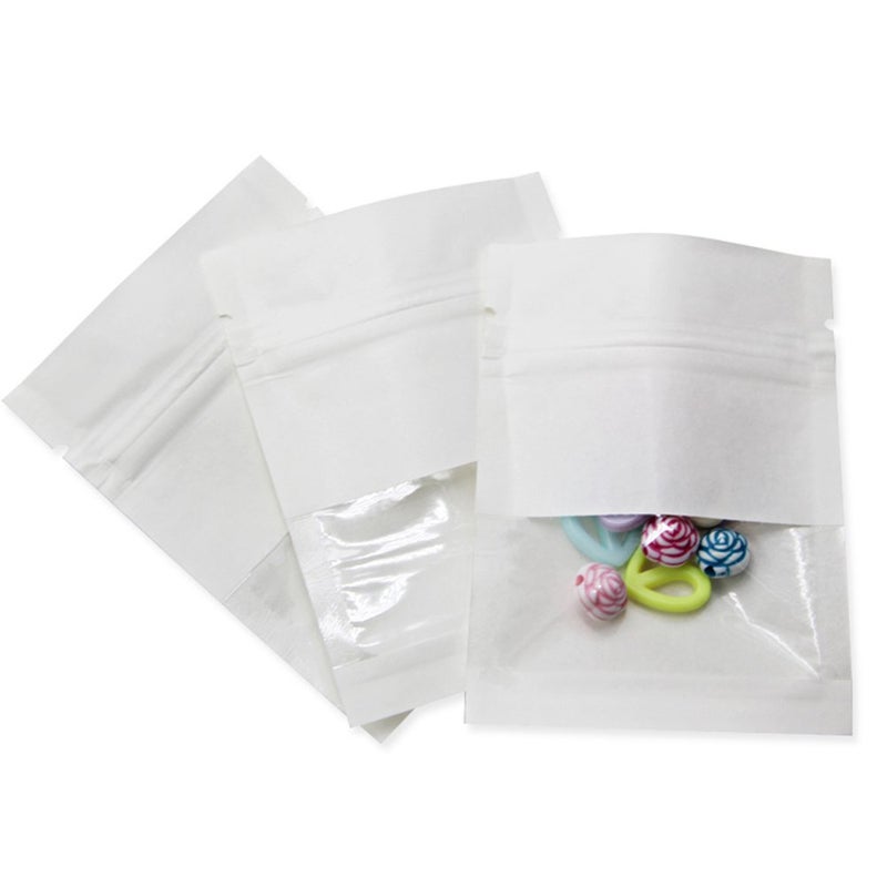 PABCK 100 Pack Inner Size 236x236 inch White Kraft Paper Resealable Bags with Clear Window Heat Seal Airtight Pouch for Zip Food Storage Lock Coffee Snack Packaging