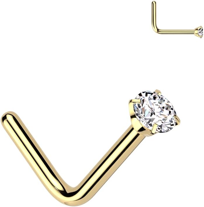 FifthCue Solid Titanium L Bend Nose Stud Ring with Prong Set CZ Gem - Image 1