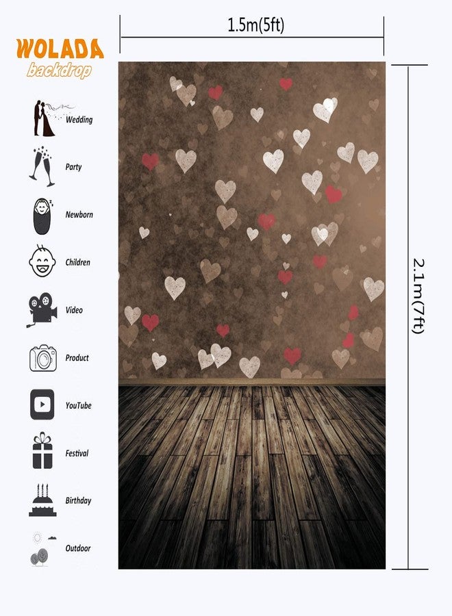 WOLADA 5x7FT Valentine's Day Photography Backdrop Vintage Wood Floor Backdrops Romantic Love Theme Backdrop Wedding Anniversary Engagement Wedding Party Decoration Photo Backdrop Studio Props 10876 - Image 2