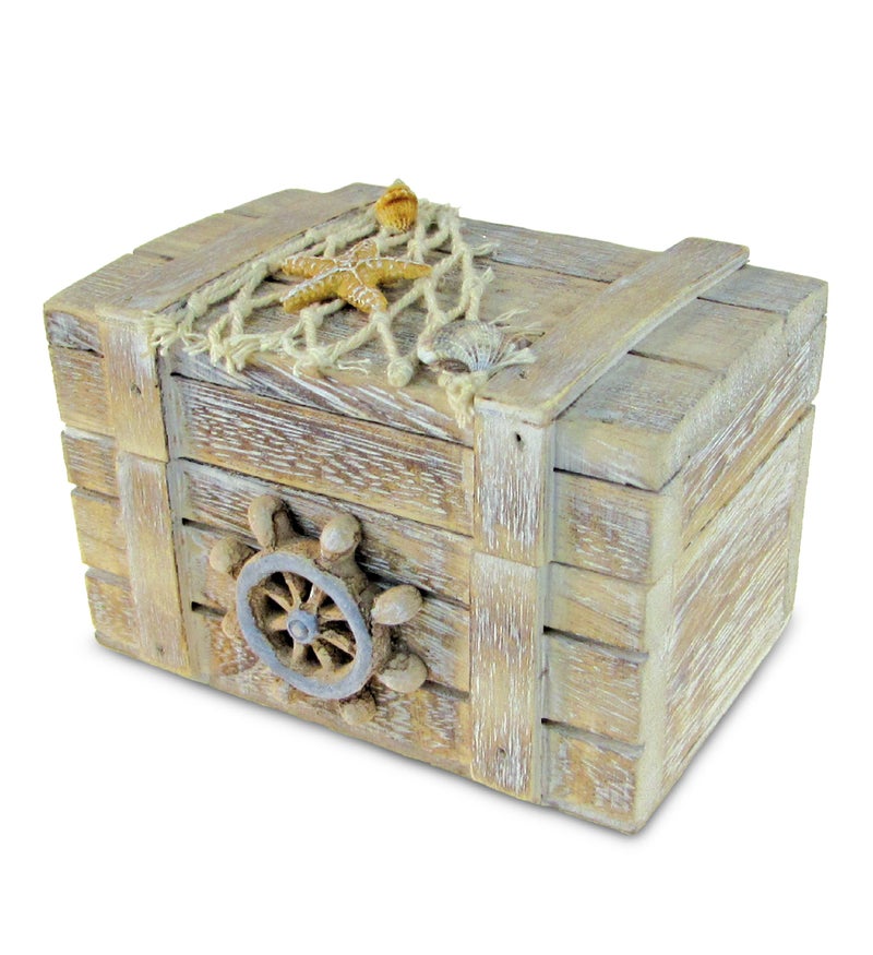 Puzzled CoTa Global Vintage Wooden Trinket Box - Handcrafted Nautical Keepsake Storage Box, Cute Wood Box with Starfish And Shells Decor, Rustic Wood Decorative Box With Hinged Lid 4.25 Inches - Image 1