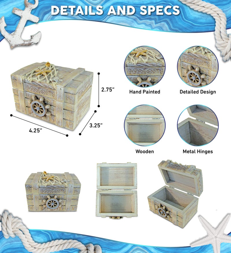 Puzzled CoTa Global Vintage Wooden Trinket Box - Handcrafted Nautical Keepsake Storage Box, Cute Wood Box with Starfish And Shells Decor, Rustic Wood Decorative Box With Hinged Lid 4.25 Inches - Image 2