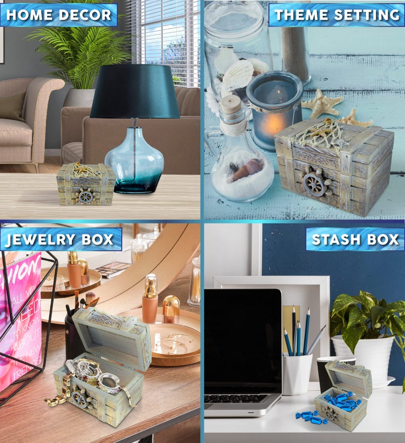 Puzzled CoTa Global Vintage Wooden Trinket Box - Handcrafted Nautical Keepsake Storage Box, Cute Wood Box with Starfish And Shells Decor, Rustic Wood Decorative Box With Hinged Lid 4.25 Inches - Image 3