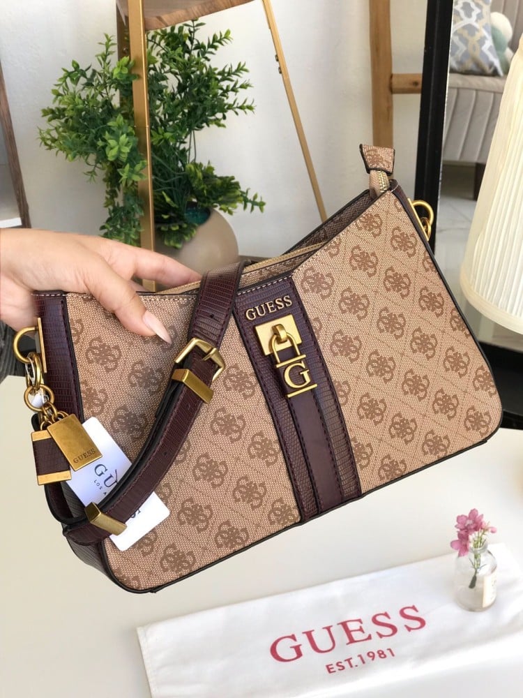 جس حقائب سستي لوجو النسائية الأنيقة بعرض عبر الجسم بنقشة بنية - Image 1