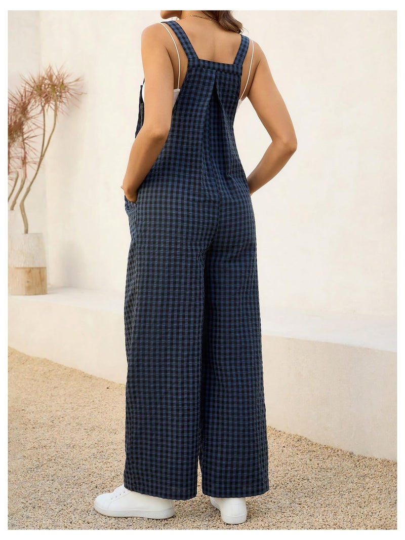 MakeMeChic Women's Maternity Overalls Gingham Print Sleeveless Wide Leg Y2K Pregnancy Jumpsuits Blue Medium - Image 3