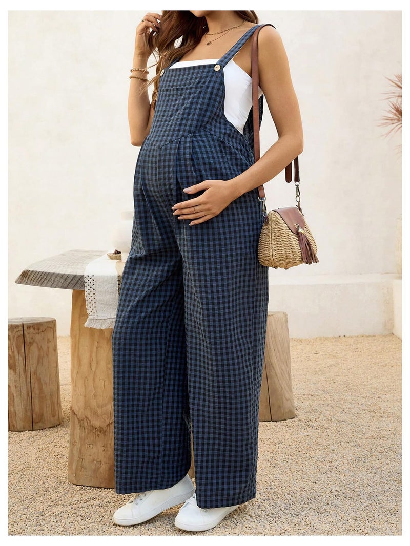 MakeMeChic Women's Maternity Overalls Gingham Print Sleeveless Wide Leg Y2K Pregnancy Jumpsuits Blue Medium - Image 4