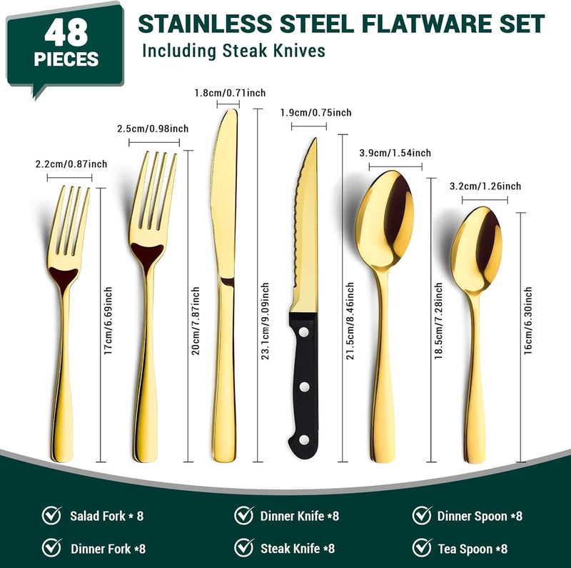 BEWOS 48-Pieces Gold Silverware Set for 8 - Stainless Steel Flatware Set with Mirror Polish, Silverware Sets Including Steak Knives, Forks and Spoons, Dishwasher Safe for Restaurant - Image 2