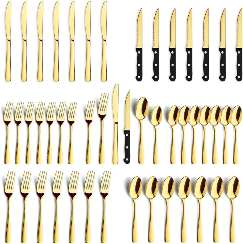 BEWOS 48-Pieces Gold Silverware Set for 8 - Stainless Steel Flatware Set with Mirror Polish, Silverware Sets Including Steak Knives, Forks and Spoons, Dishwasher Safe for Restaurant - Image 1