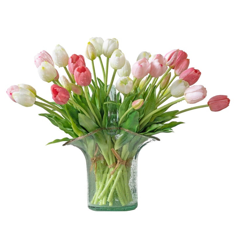 DUYONE 40pcs Artificial Tulips Flowers, Latex Bouquet, Fake Tulips for Office Wedding Party Home Kitchen Garden Decoration(White Suit 40pcs) - Image 1