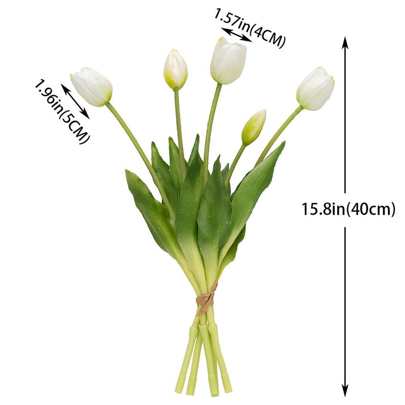 DUYONE 40pcs Artificial Tulips Flowers, Latex Bouquet, Fake Tulips for Office Wedding Party Home Kitchen Garden Decoration(White Suit 40pcs) - Image 2