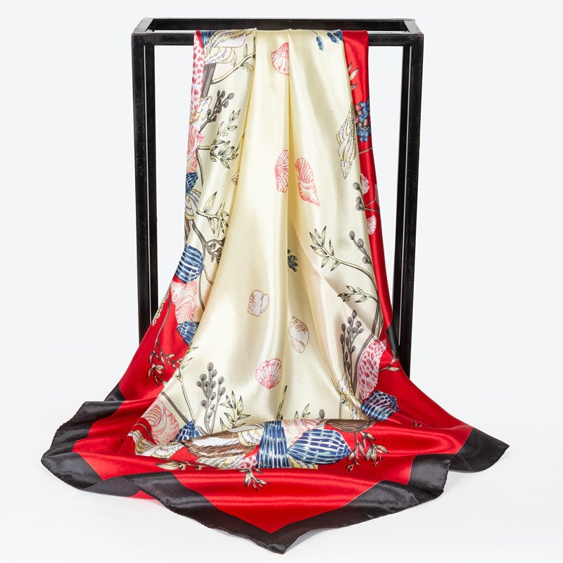 90 Large Square Scarf Womens New 2023 Silk Imitation Spring and Autumn Stylish Fashion Shirt Small Square Scarf Mothers Scarf Shell Flower-Red]