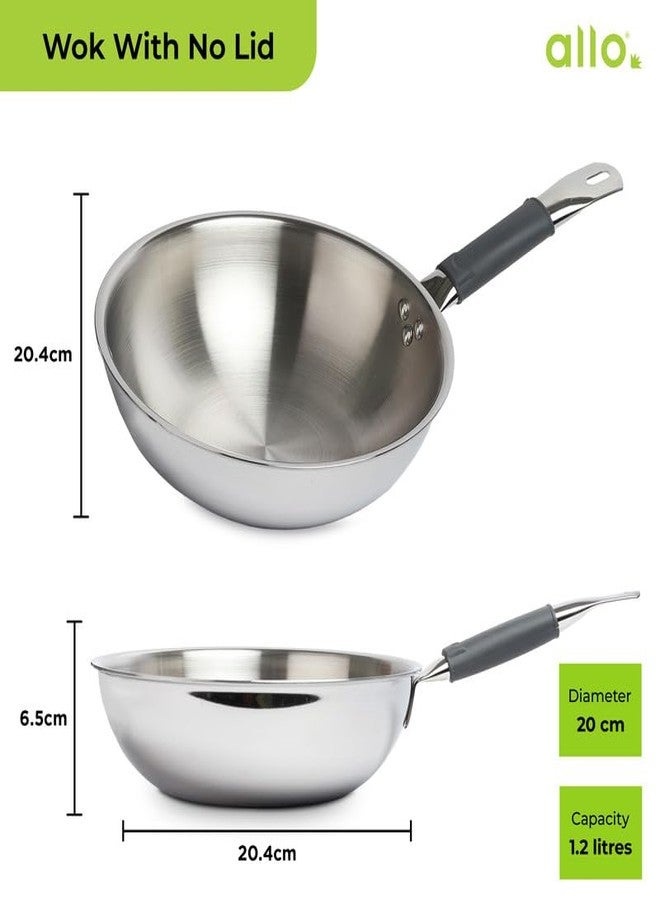Allo Triply Stainless Steel Wok for Deep Fry/Stir Fry/Dry Veg/Sauté/Chinese Wok Cooking/Noodles Induction Friendly Naturally Non-Stick | 10 Years Warranty, 18Cm, 1.2 Litre - Image 2