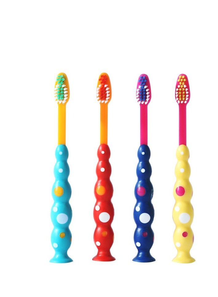 SYOSI Kids Toothbrushes Child Sized Brush Heads Soft Contoured Bristles BPA Free Soft Funny Suction Cup Fall in Love with Brushing Dust Covers Assorted Set Blue Orange Yellow Purple 4 Pack - Image 1