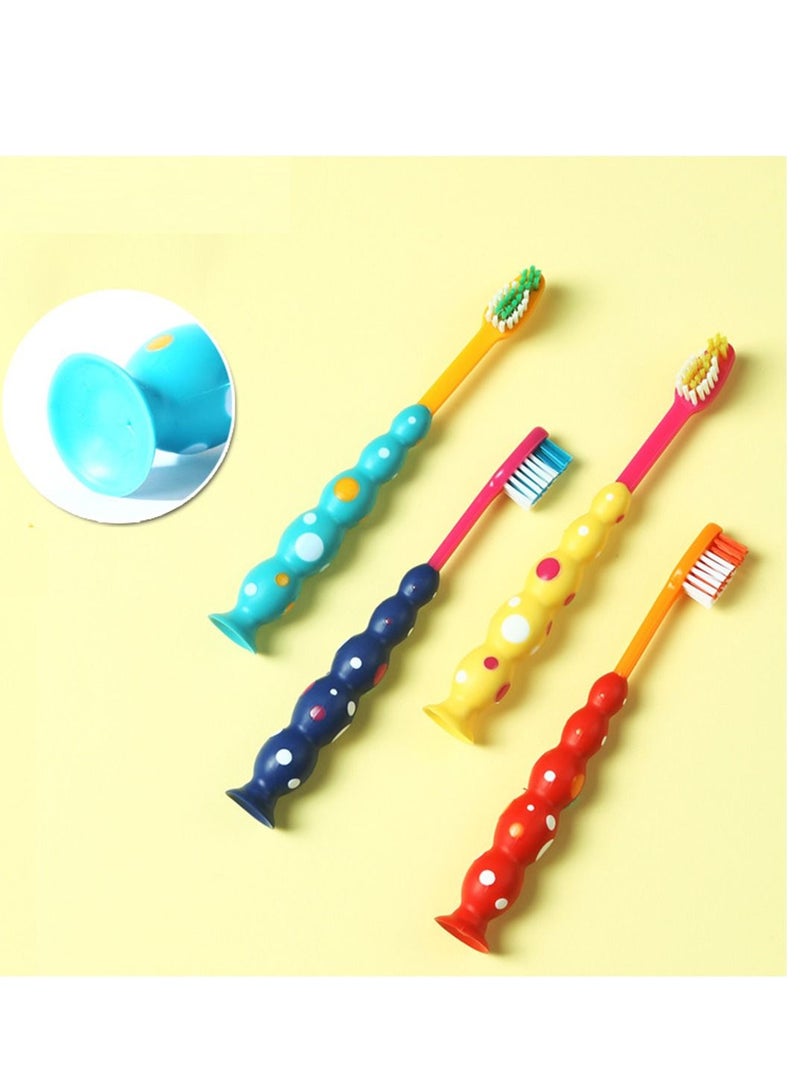 SYOSI Kids Toothbrushes Child Sized Brush Heads Soft Contoured Bristles BPA Free Soft Funny Suction Cup Fall in Love with Brushing Dust Covers Assorted Set Blue Orange Yellow Purple 4 Pack - Image 2