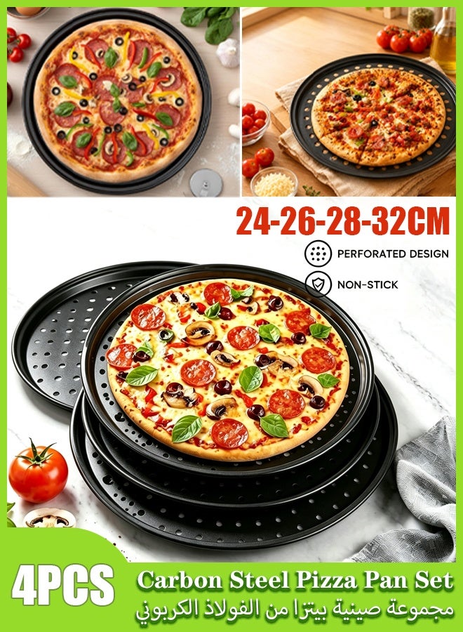 4 Pcs Pizza Pan Set With Holes, 24 26 28 32cm Carbon Steel Pizza Tray Box Set,Round Nonstick Pizza Pans with Holes, Carbon Steel Pizza Baking Tray  for Oven Baking Supplies & Home, Kitchen, Restaurant - Image 1