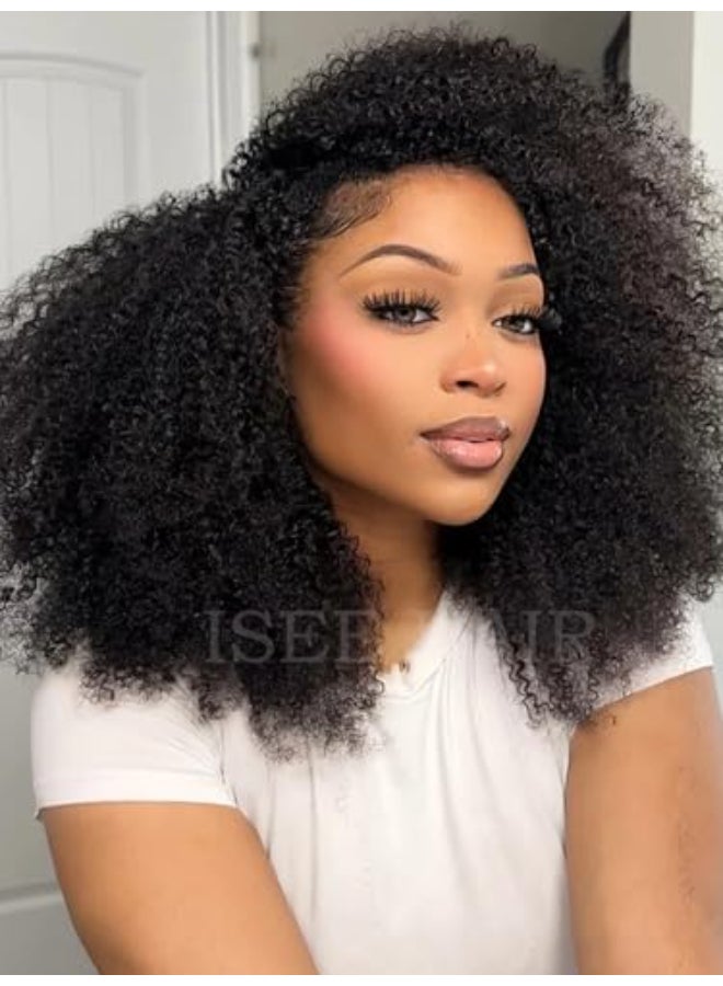 ISEE Half Wig Afro Curly 3 In 1 Glueless Wigs Human Hair Seamless Kinky Curly Flip Over Beginner Friendly Wear Go Drawstring Band Clip in Wig Human Hair Black Color 14 Inch - Image 3