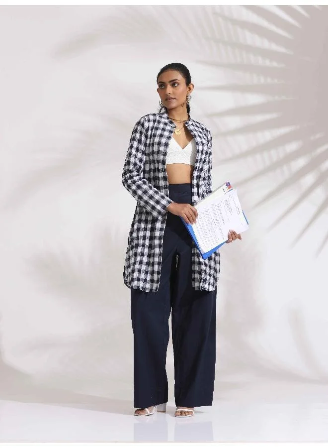 ترو برونز trueBrowns Blue Cotton Check Kurta Co-ord Set