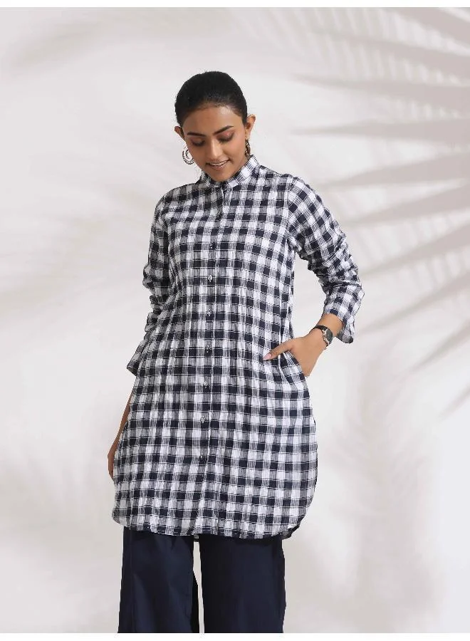 ترو برونز trueBrowns Blue Cotton Check Kurta Co-ord Set