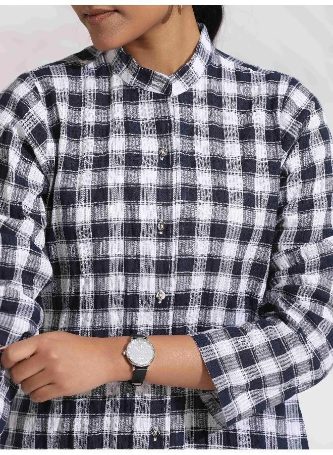 ترو برونز trueBrowns Blue Cotton Check Kurta Co-ord Set