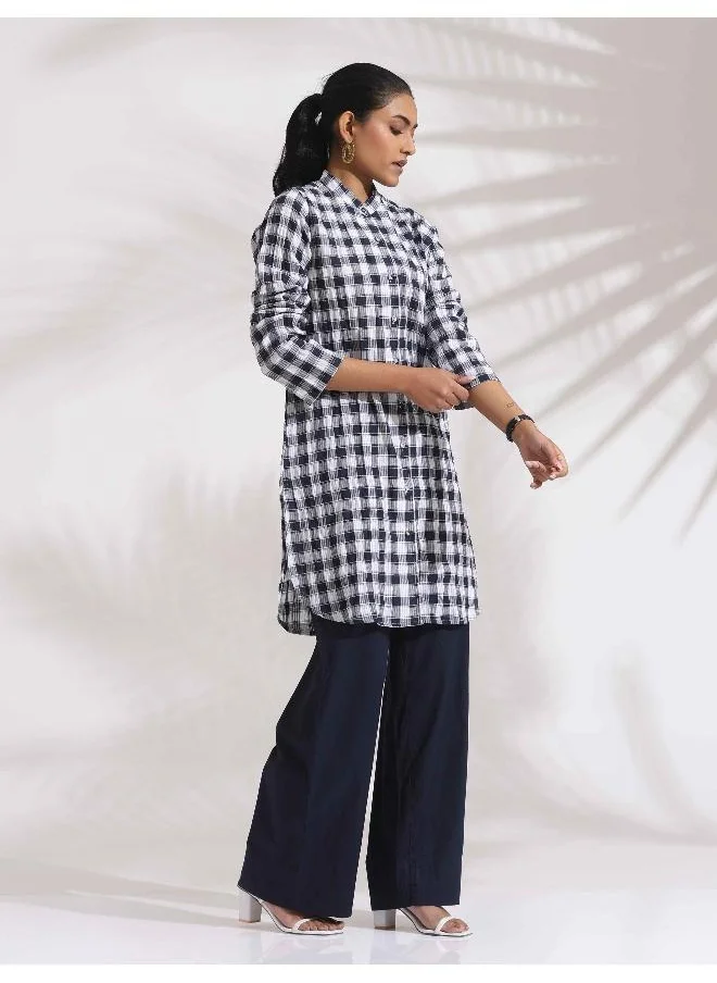 ترو برونز trueBrowns Blue Cotton Check Kurta Co-ord Set