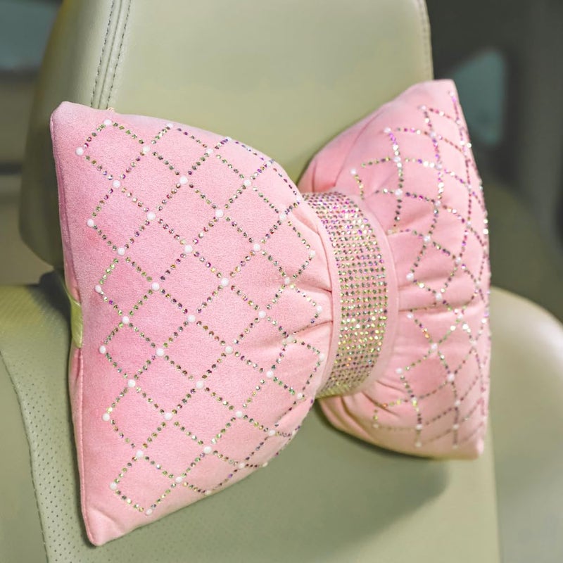 Carwales Car Headrest Pillow Pink Sparkly Bling Rhinestone Accessories for Women Bow Seat Neck Support Pillow for Travel Driver Chair Head Rest 2pcs - Image 2