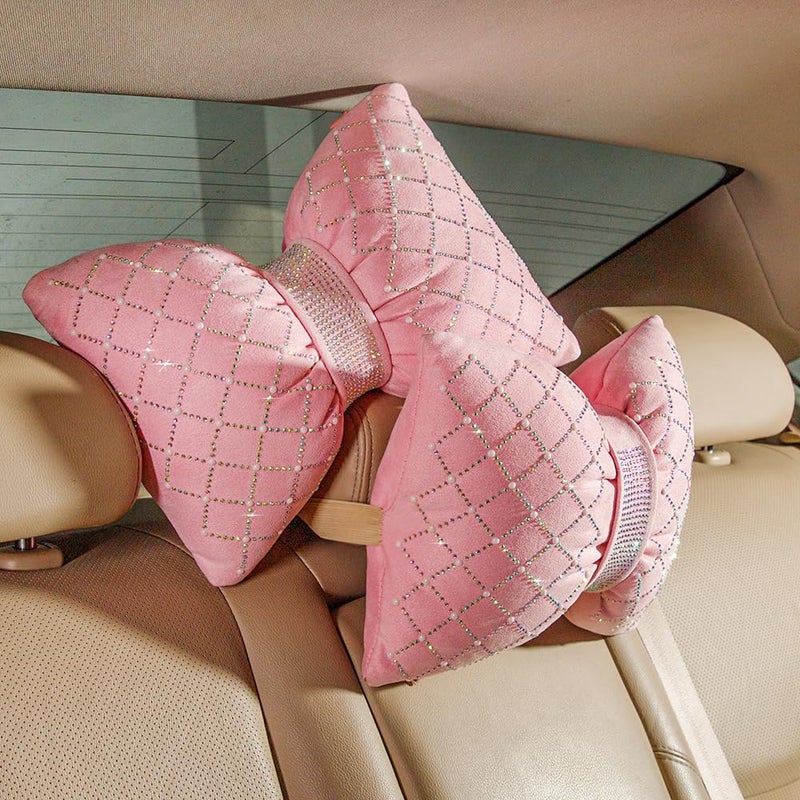 Carwales Car Headrest Pillow Pink Sparkly Bling Rhinestone Accessories for Women Bow Seat Neck Support Pillow for Travel Driver Chair Head Rest 2pcs - Image 1