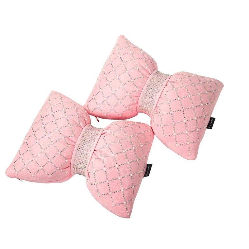 Carwales Car Headrest Pillow Pink Sparkly Bling Rhinestone Accessories for Women Bow Seat Neck Support Pillow for Travel Driver Chair Head Rest 2pcs - Image 5