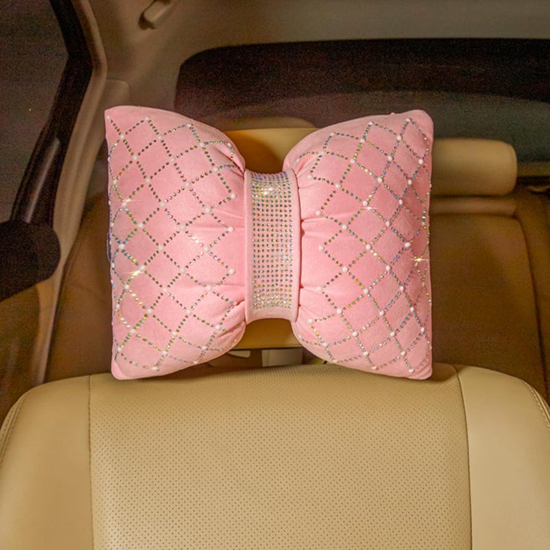 Carwales Car Headrest Pillow Pink Sparkly Bling Rhinestone Accessories for Women Bow Seat Neck Support Pillow for Travel Driver Chair Head Rest 2pcs - Image 3