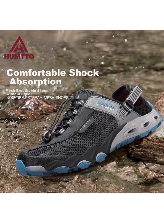 Humtto Summer Outdoor Wading Shoes Breathable Mesh Hiking Shoes Men Comfortable Mesh Shoes Water Shoes Black/Denim Blue Size 41 - Image 2