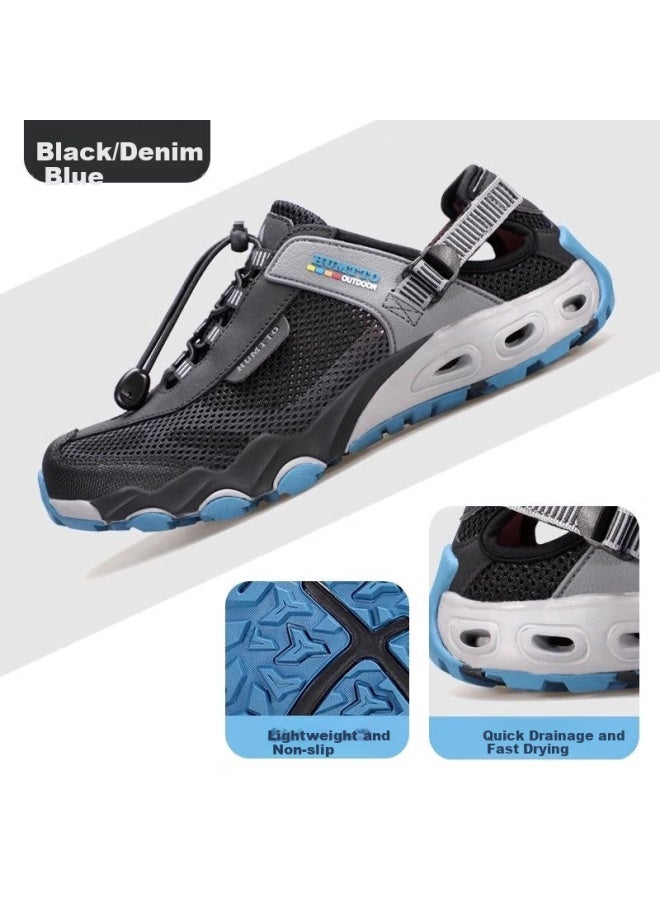 Humtto Summer Outdoor Wading Shoes Breathable Mesh Hiking Shoes Men Comfortable Mesh Shoes Water Shoes Black/Denim Blue Size 41 - Image 1