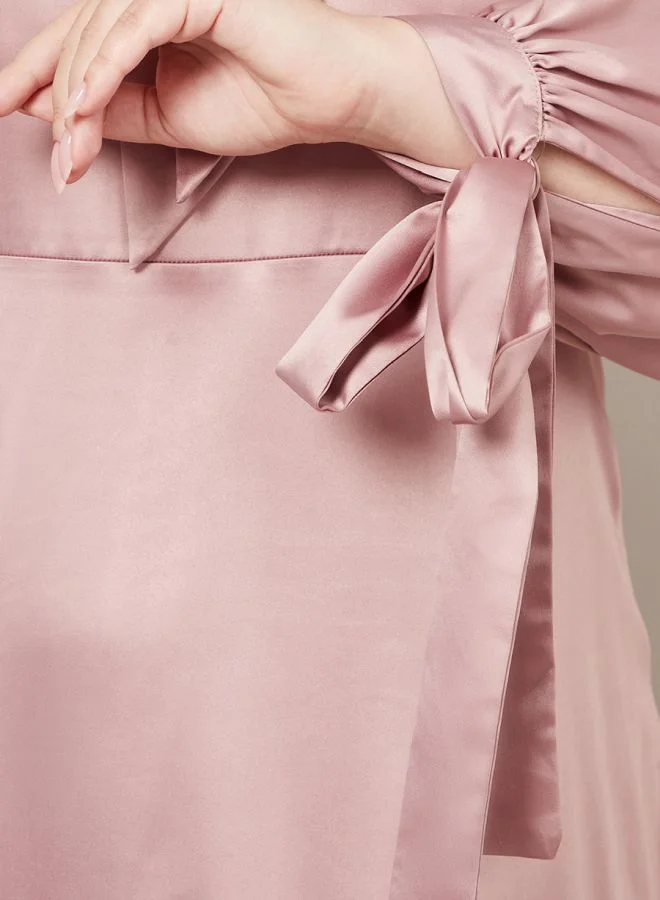 Styli Tie-Up Neck Satin A-Line Midi Dress