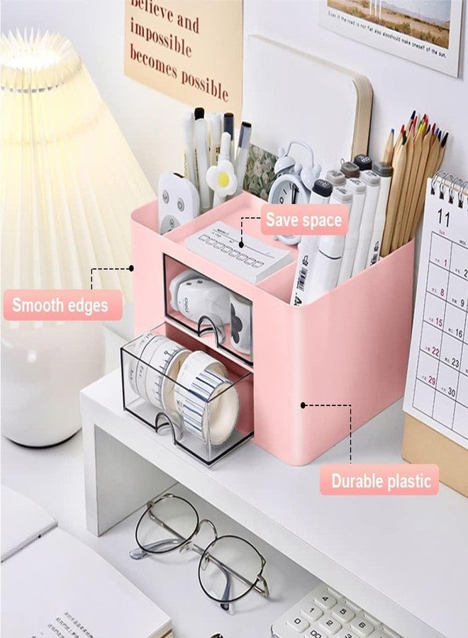 PH BROTHER Desktop Organizer with 2 Drawers, & 5 Pen Holder and Storage Compartments, White Plastic Storage Box, Multi-Functional Pen Holder for Office, Home, School Makeup Organizer (pink) - Image 2