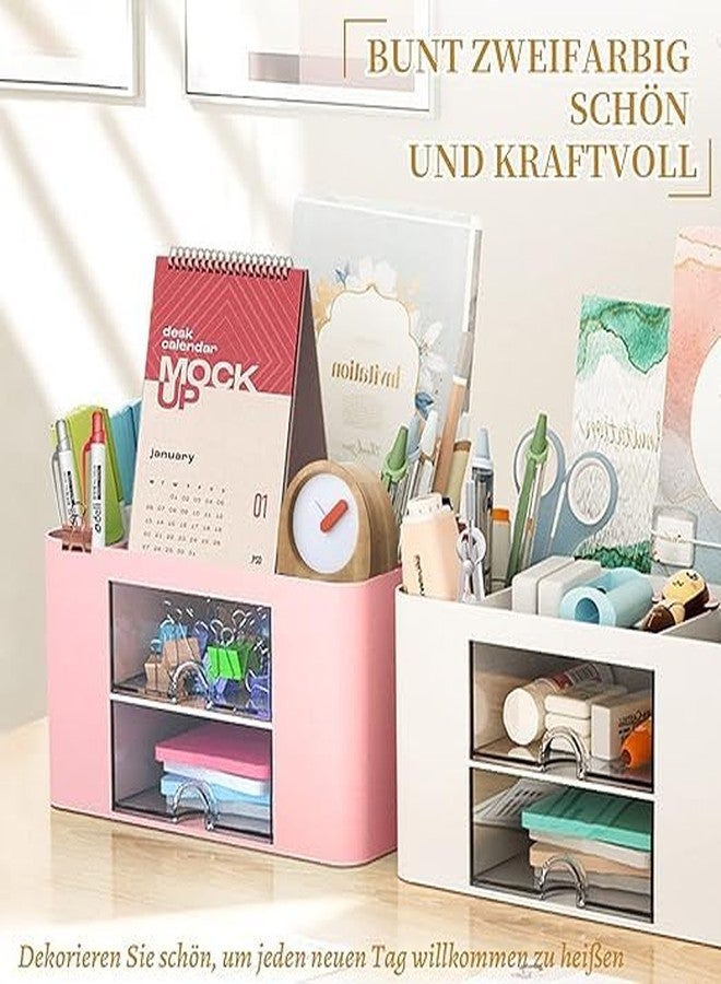 PH BROTHER Desktop Organizer with 2 Drawers, & 5 Pen Holder and Storage Compartments, White Plastic Storage Box, Multi-Functional Pen Holder for Office, Home, School Makeup Organizer (pink) - Image 5