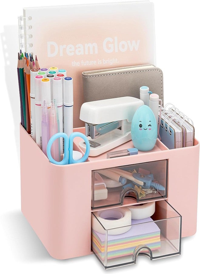 PH BROTHER Desktop Organizer with 2 Drawers, & 5 Pen Holder and Storage Compartments, White Plastic Storage Box, Multi-Functional Pen Holder for Office, Home, School Makeup Organizer (pink) - Image 1