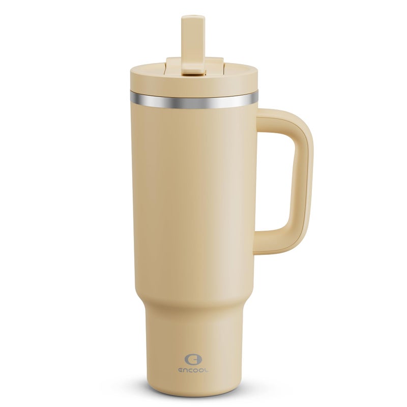 ENCOOL 40 oz Tumbler with Handle and Straw Stainless Steel Insulated Tumbler Keeps Cold for 24 Hours Leakproof Travel Cup Fits in Cup Holder and BPAFree Indian Khaki