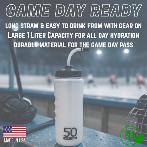 50 Strong 1 Liter Water Bottle with Straw | Hockey Water Bottle with Long Straw | Easy Squeeze Bottles + Built In Finger Grip | BPA-Free Sports Water Bottle for Football, Lacrosse & Boxing | Made in USA - Image 2