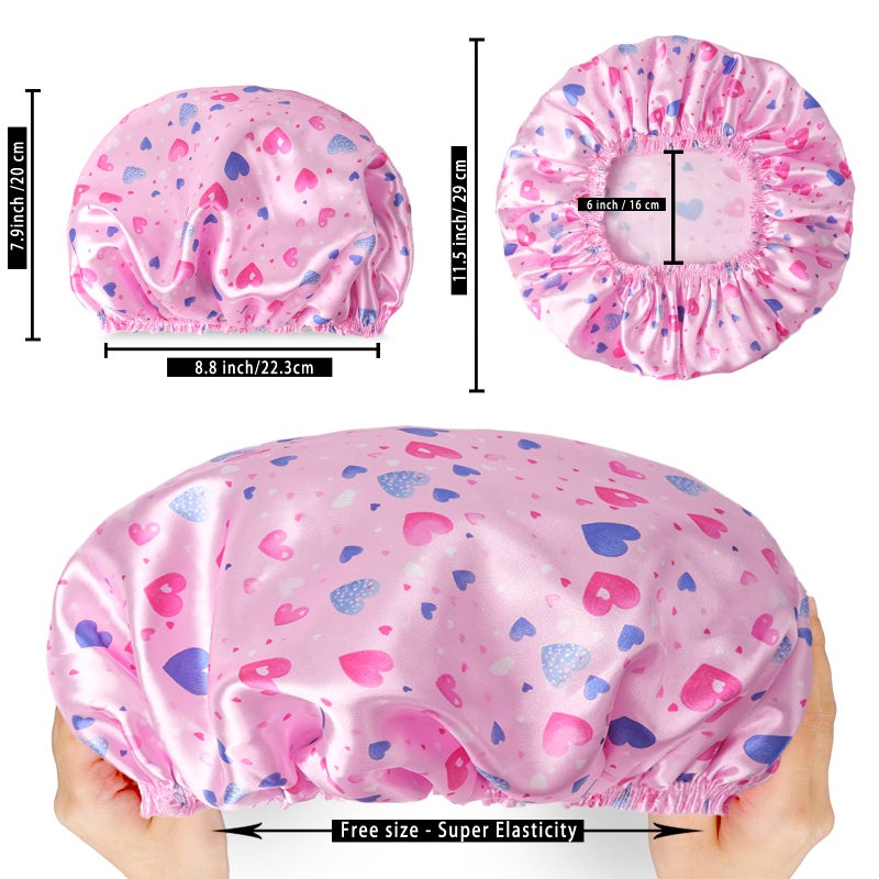 CHFONG 4 PCS Shower Cap for Women, Elastic and Reusable Bath Caps, Double Layers Shower Caps Reusable Waterproof, Bathing Shower Caps, Environmental Bath Hair Protection Cap - Heart - Image 3