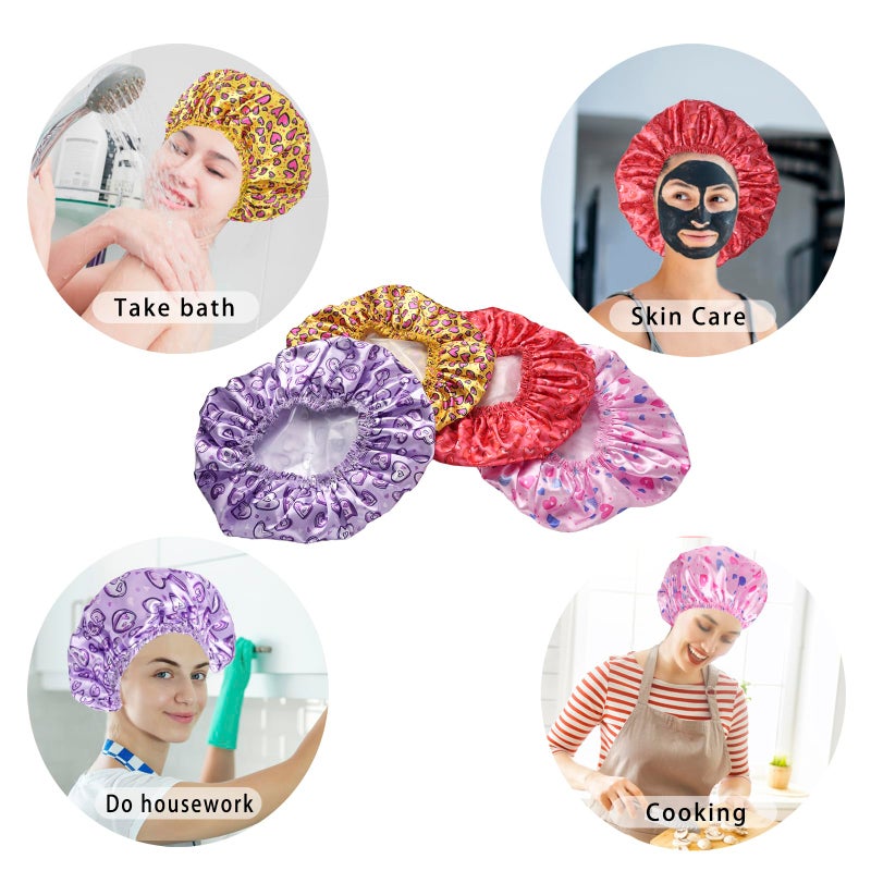 CHFONG 4 PCS Shower Cap for Women, Elastic and Reusable Bath Caps, Double Layers Shower Caps Reusable Waterproof, Bathing Shower Caps, Environmental Bath Hair Protection Cap - Heart - Image 4