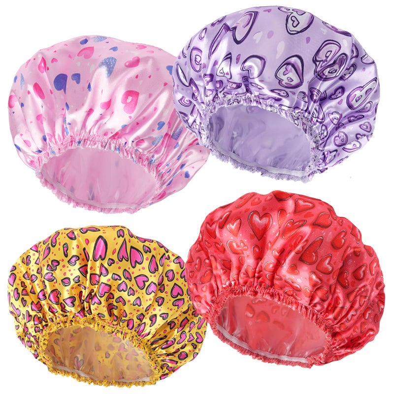 CHFONG 4 PCS Shower Cap for Women, Elastic and Reusable Bath Caps, Double Layers Shower Caps Reusable Waterproof, Bathing Shower Caps, Environmental Bath Hair Protection Cap - Heart - Image 1