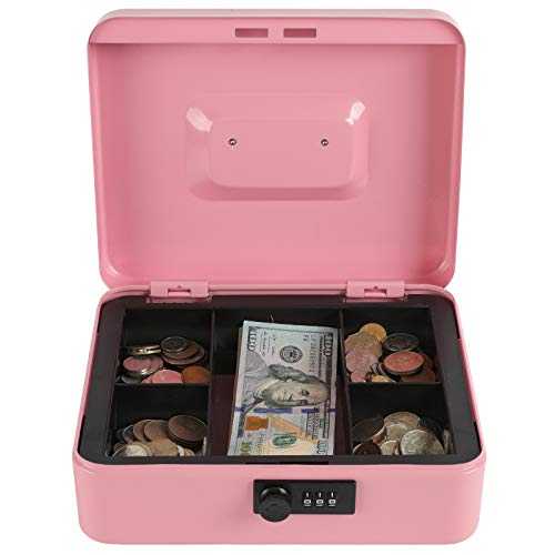xydled Steel Cash Box Safe with Combination Lock,Money Safe Box with Removable Coin Tray,Large,9.84"x 7.87"x 3.54",Pink - Image 5