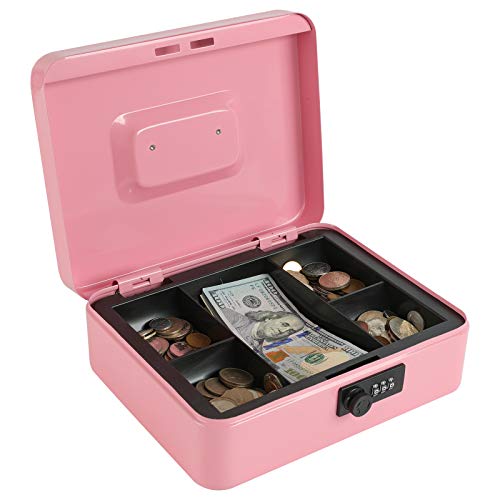 xydled Steel Cash Box Safe with Combination Lock,Money Safe Box with Removable Coin Tray,Large,9.84"x 7.87"x 3.54",Pink - Image 1